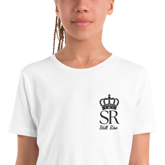 THSR Youth T-Shirt with Left-Chest Logo – White T-shirt Featuring Black THSR "SR" Still Rise under a crown Design for Kids