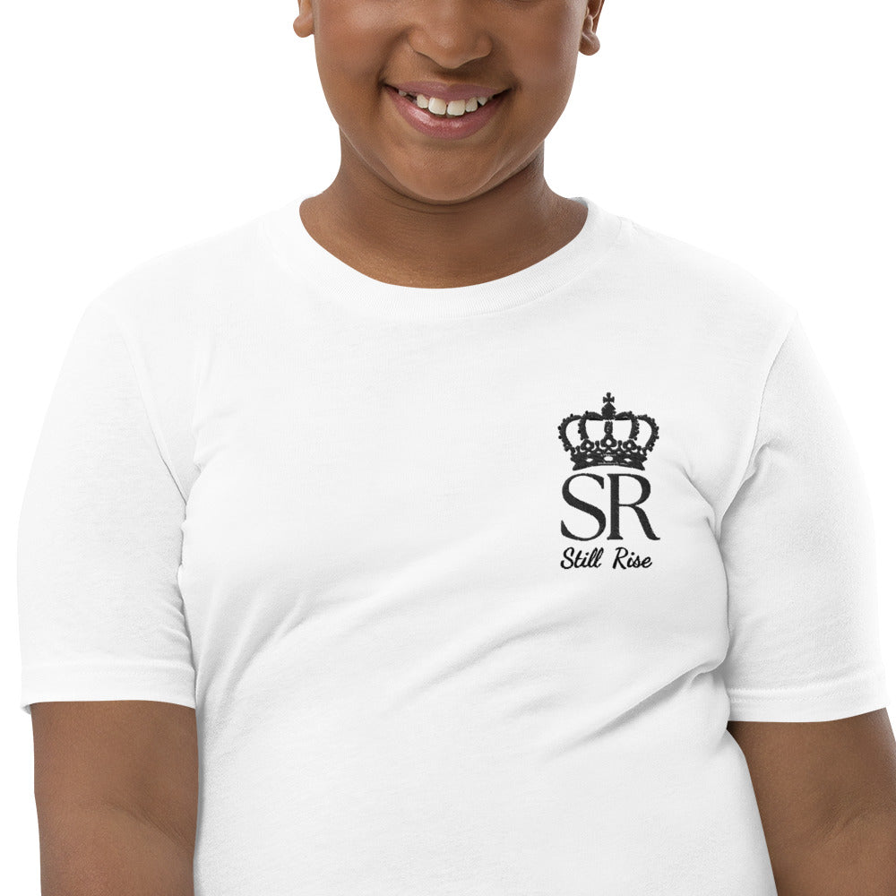 THSR Youth T-Shirt with Left-Chest Logo – White T-shirt Featuring Black THSR "SR" Still Rise under a crown Design for Kids