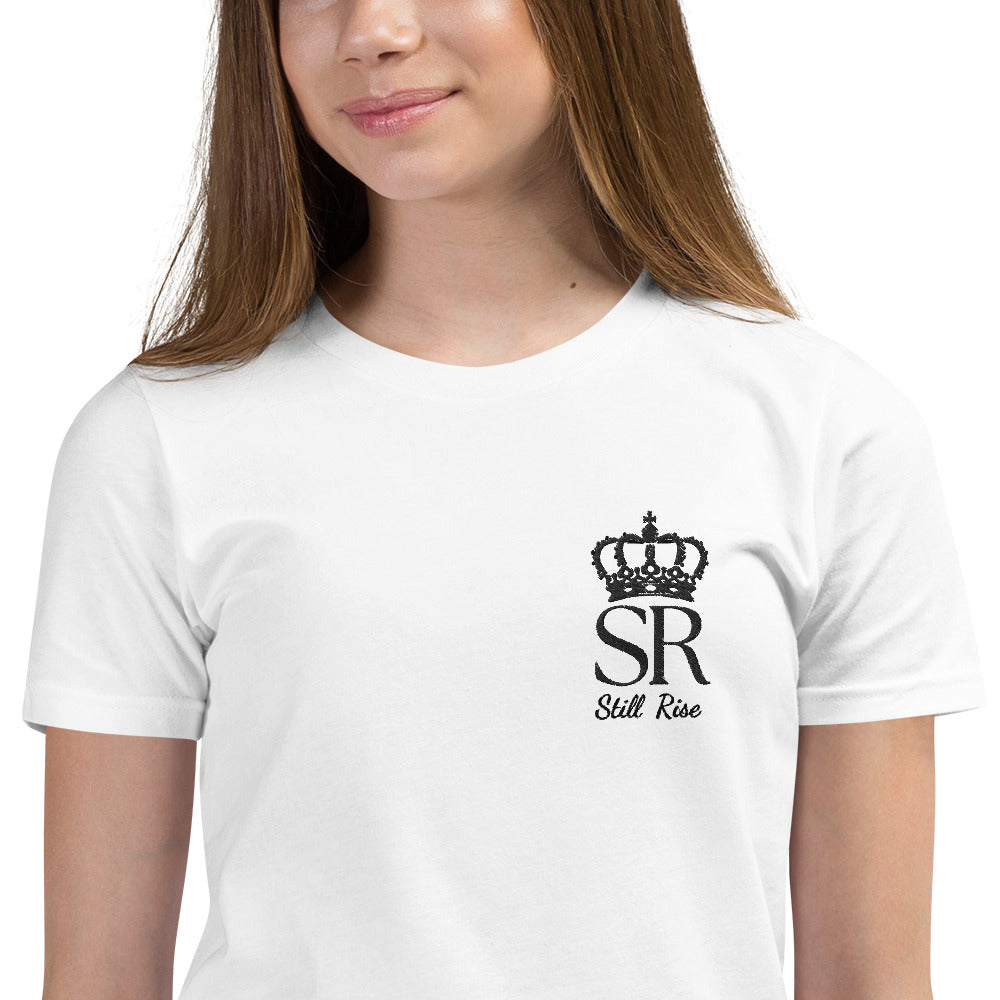 THSR Youth T-Shirt with Left-Chest Logo – White T-shirt Featuring Black THSR "SR" Still Rise under a crown Design for Kids