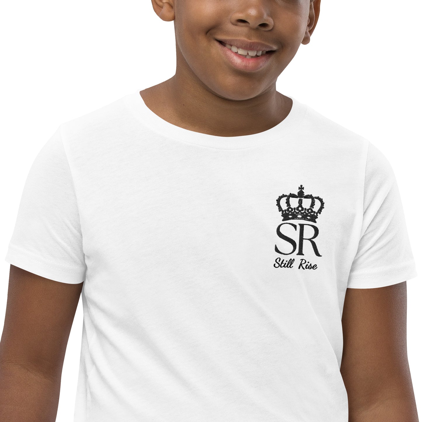 THSR Youth T-Shirt with Left-Chest Logo – White T-shirt Featuring Black THSR "SR" Still Rise under a crown Design for Kids