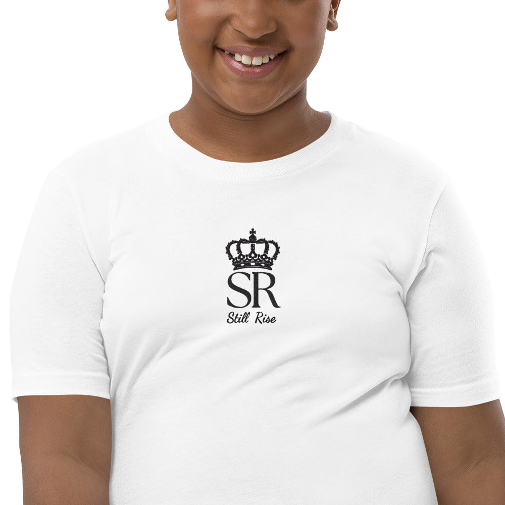 THSR Youth T-Shirt with Center-Chest Logo – White T-shirt Featuring Black THSR "SR" Still Rise under a crown Design for Kids