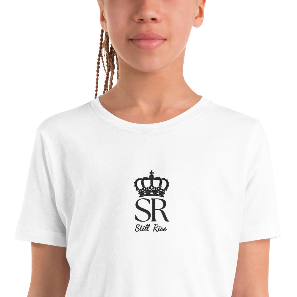 THSR Youth T-Shirt with Center-Chest Logo – White T-shirt Featuring Black THSR "SR" Still Rise under a crown Design for Kids