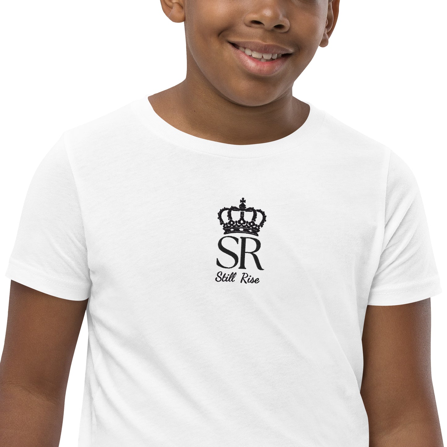 THSR Youth T-Shirt with Center-Chest Logo – White T-shirt Featuring Black THSR "SR" Still Rise under a crown Design for Kids