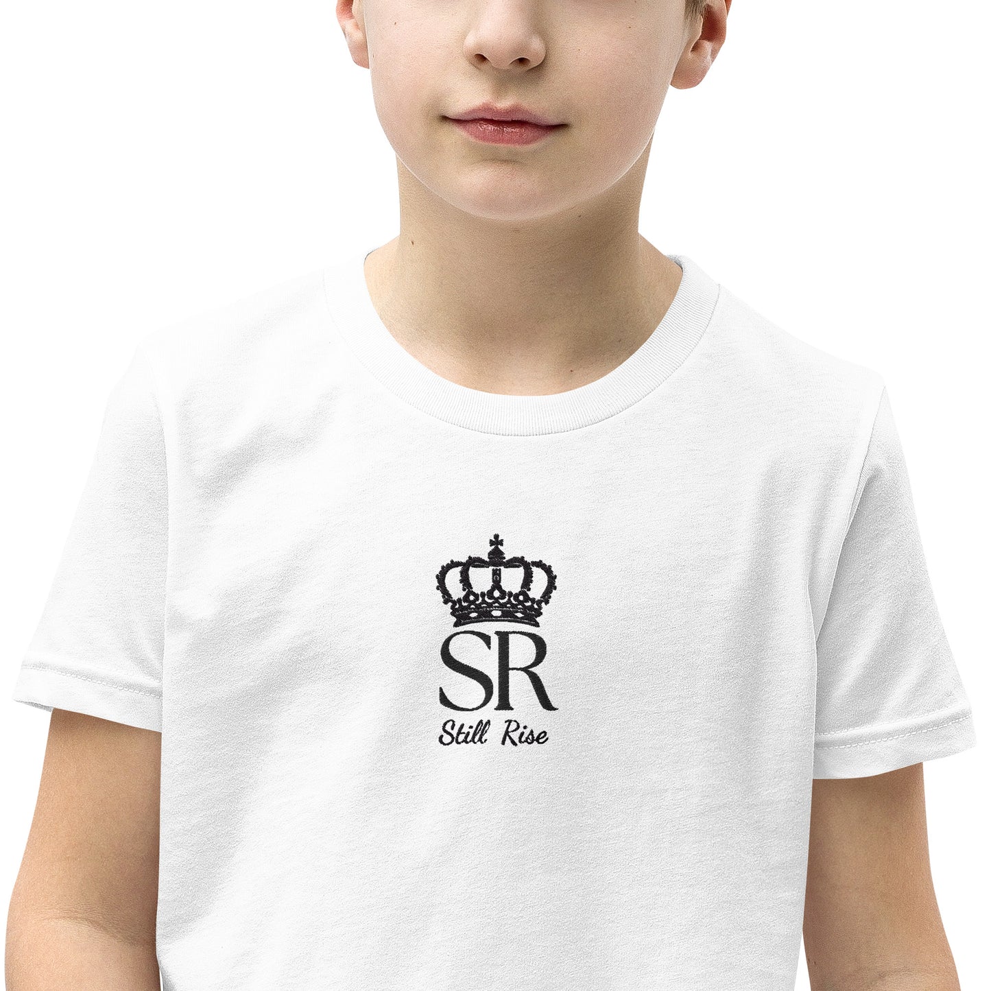 THSR Youth T-Shirt with Center-Chest Logo – White T-shirt Featuring Black THSR "SR" Still Rise under a crown Design for Kids