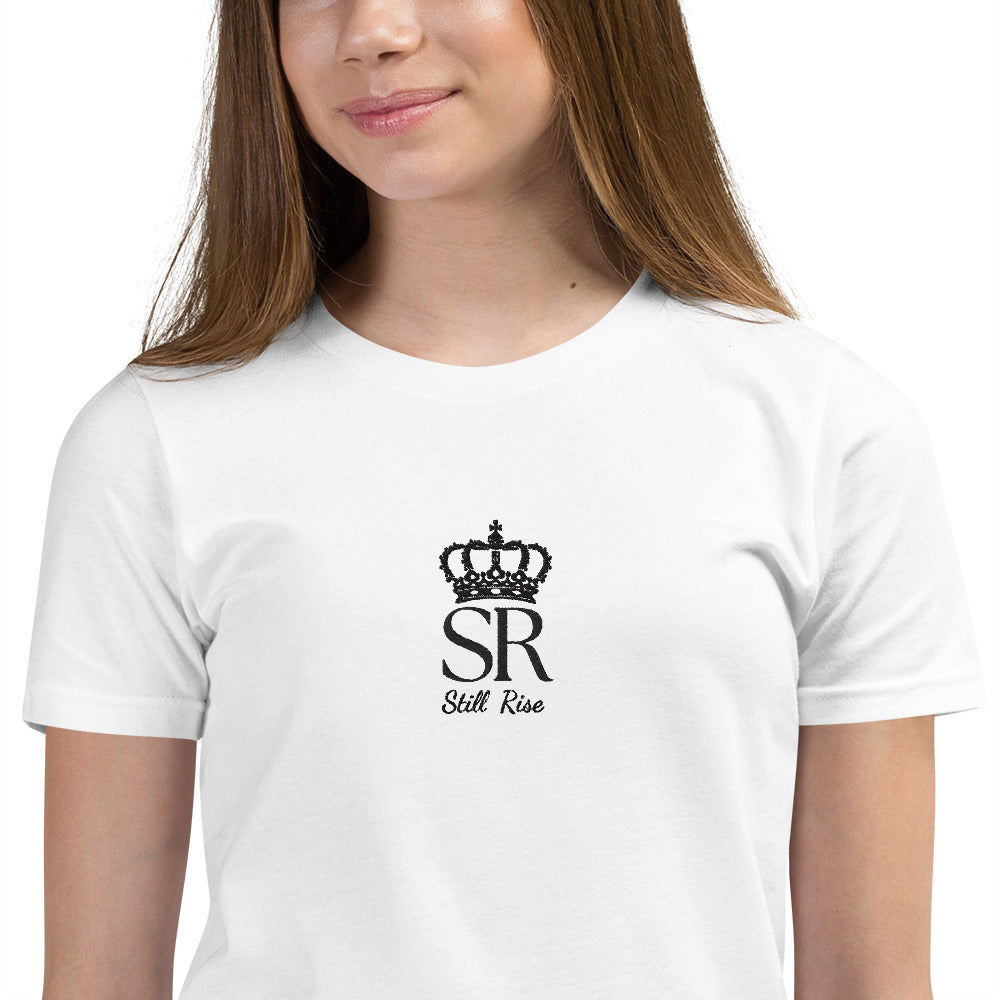 THSR Youth T-Shirt with Center-Chest Logo – White T-shirt Featuring Black THSR "SR" Still Rise under a crown Design for Kids