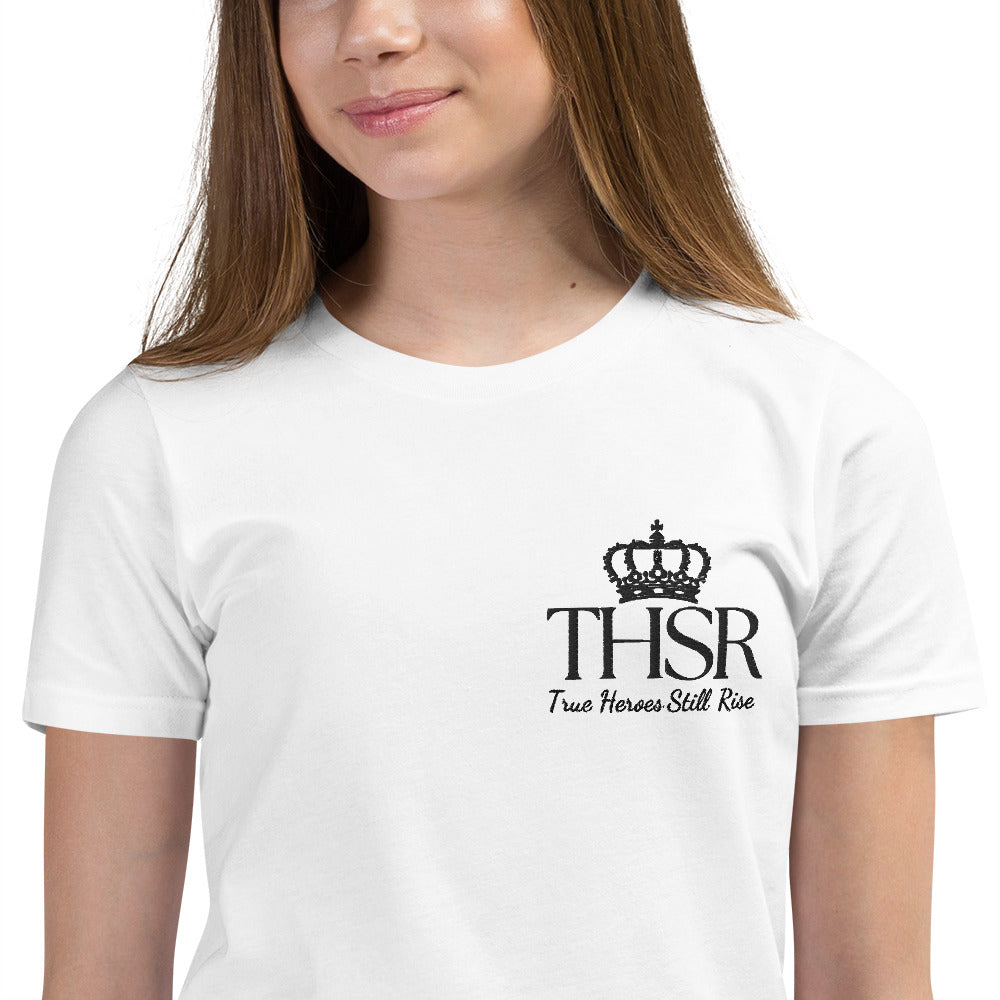 THSR Youth T-Shirt with Left-Chest Logo – White T-shirt Featuring Black "THSR True Heroes Still Rise" under a crown Design for Kids