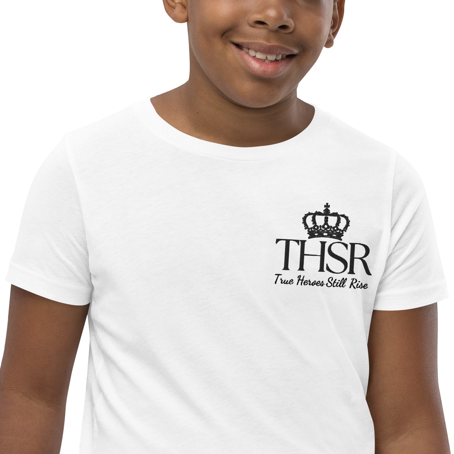 THSR Youth T-Shirt with Left-Chest Logo – White T-shirt Featuring Black "THSR True Heroes Still Rise" under a crown Design for Kids