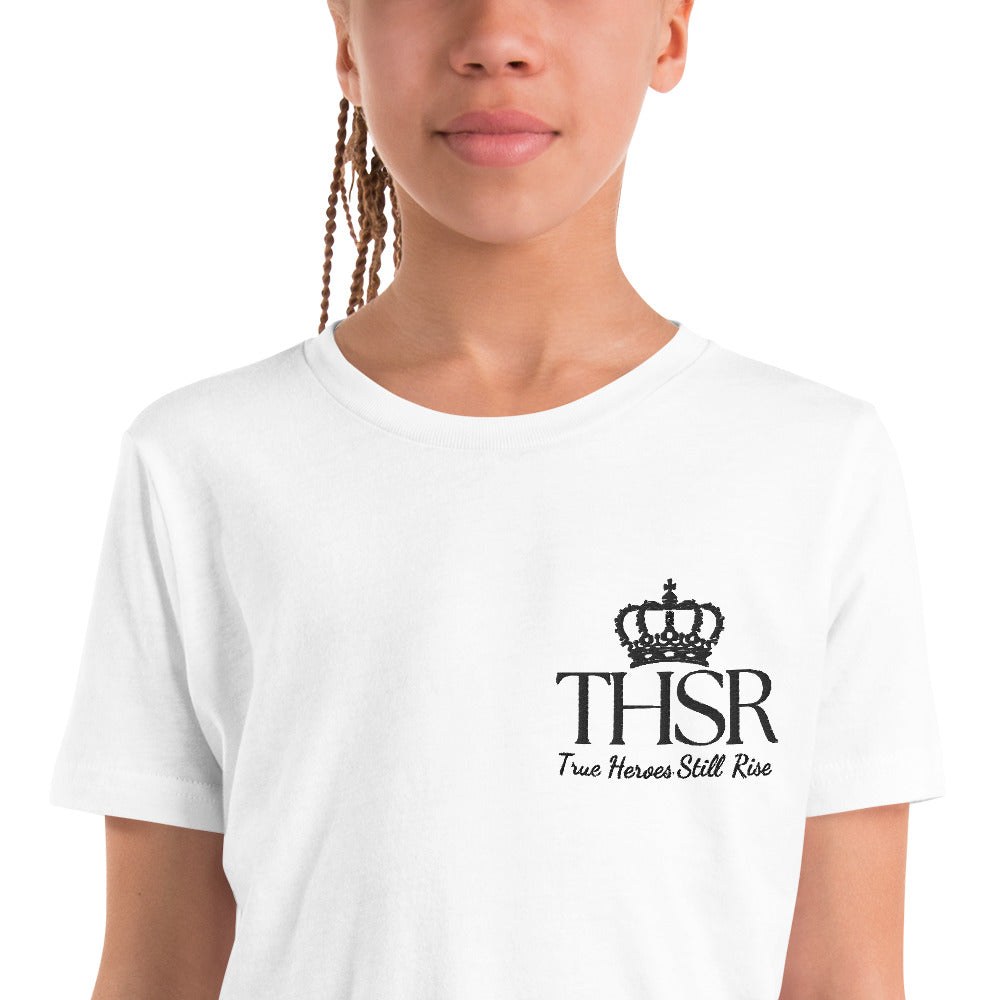 THSR Youth T-Shirt with Left-Chest Logo – White T-shirt Featuring Black "THSR True Heroes Still Rise" under a crown Design for Kids