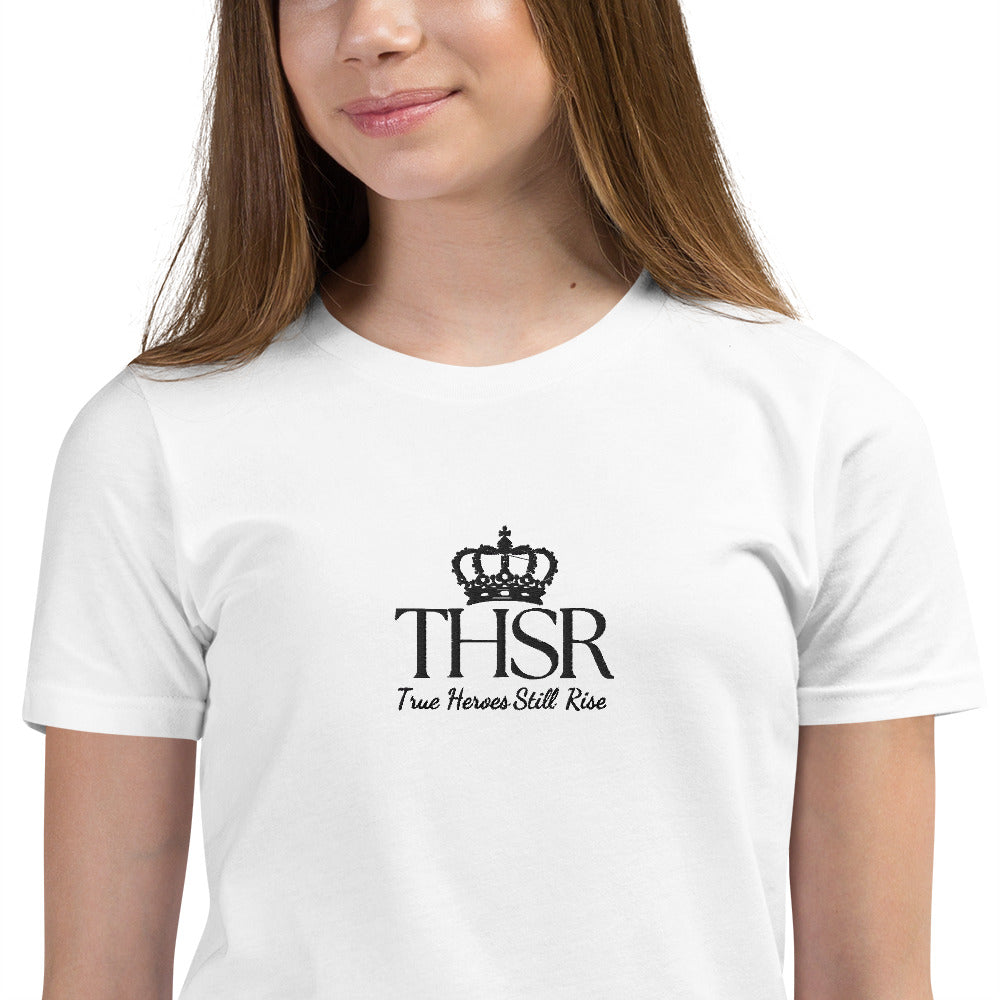 THSR Youth T-Shirt with Center-Chest Logo – White T-shirt Featuring Black "THSR True Heroes Still Rise" under a crown Design for Kids