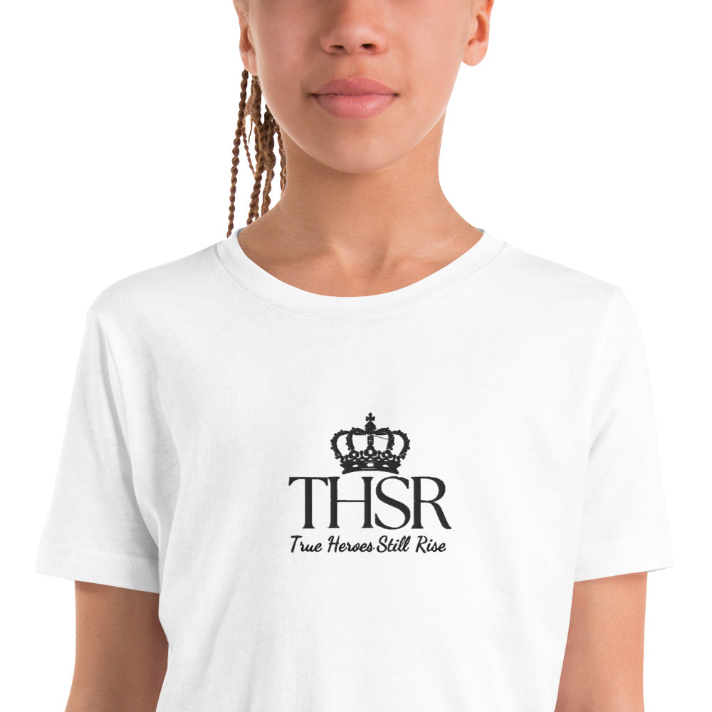 THSR Youth T-Shirt with Center-Chest Logo – White T-shirt Featuring Black "THSR True Heroes Still Rise" under a crown Design for Kids