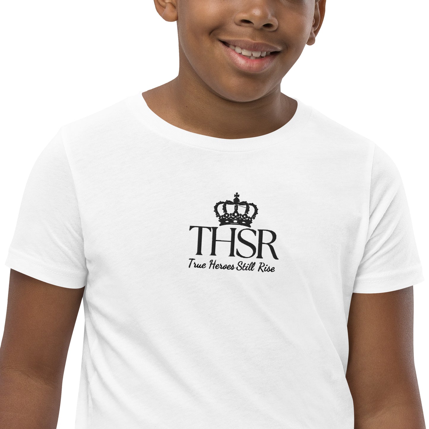 THSR Youth T-Shirt with Center-Chest Logo – White T-shirt Featuring Black "THSR True Heroes Still Rise" under a crown Design for Kids