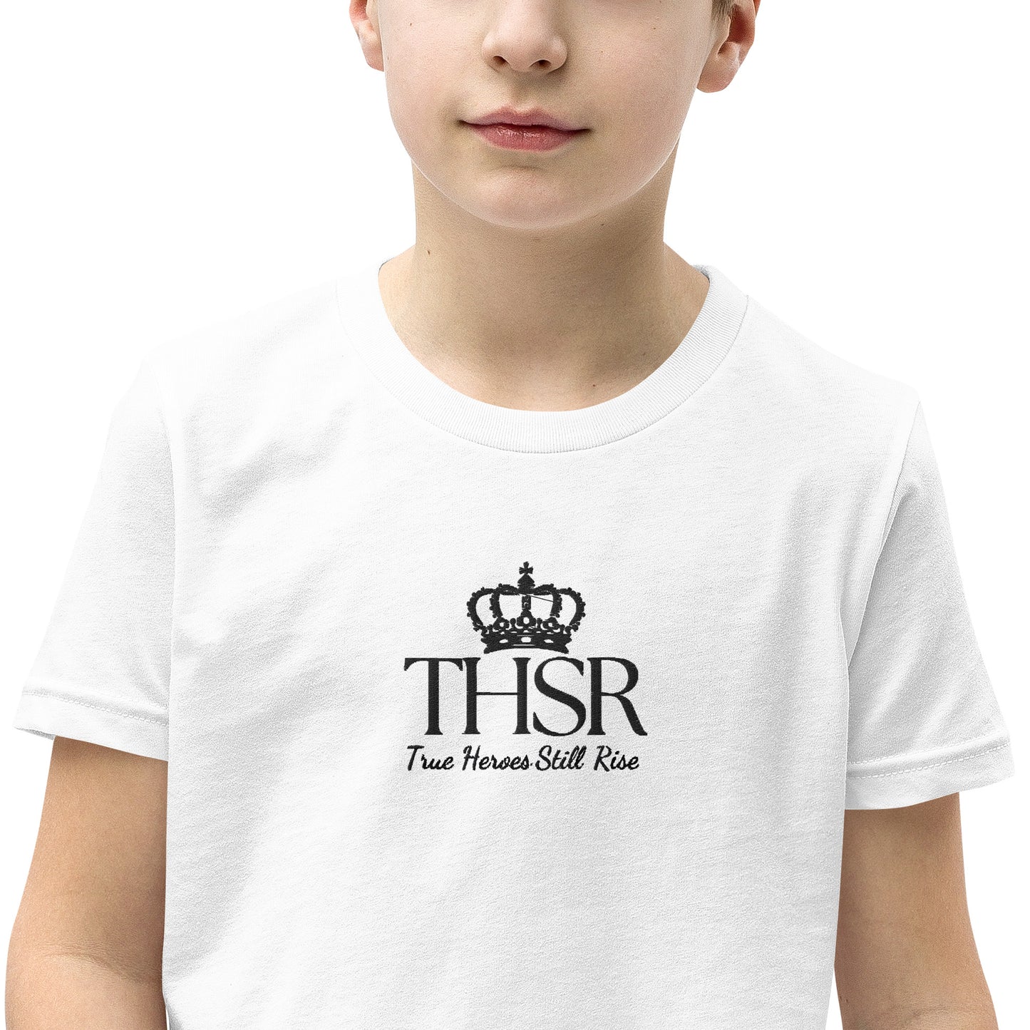 THSR Youth T-Shirt with Center-Chest Logo – White T-shirt Featuring Black "THSR True Heroes Still Rise" under a crown Design for Kids