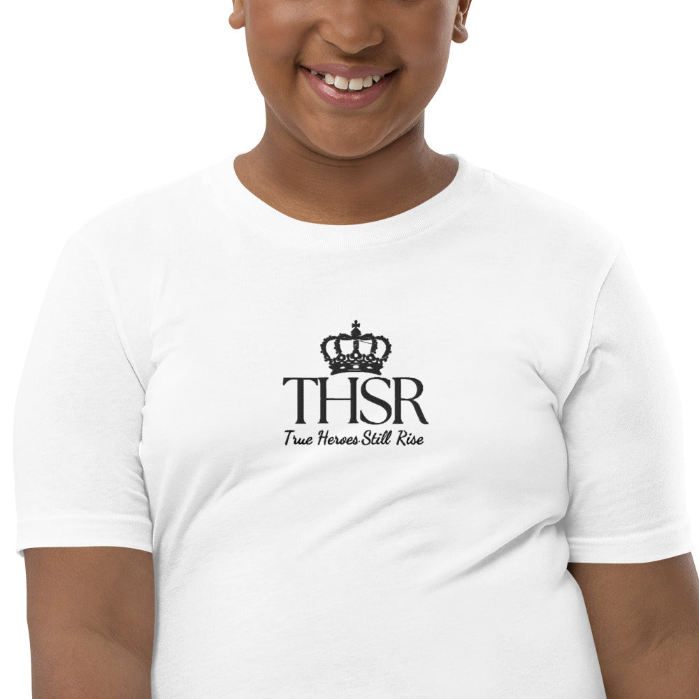 THSR Youth T-Shirt with Center-Chest Logo – White T-shirt Featuring Black "THSR True Heroes Still Rise" under a crown Design for Kids