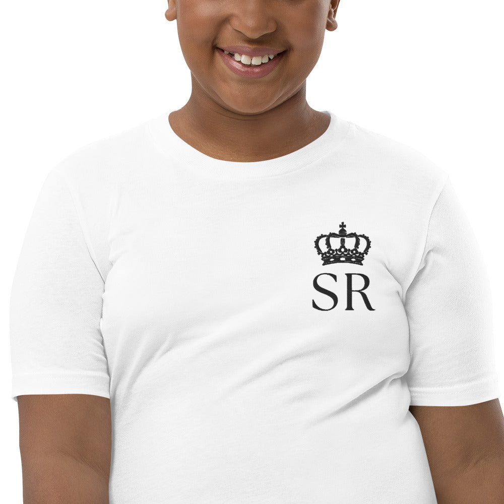 THSR Youth T-Shirt with Left-Chest Logo – White T-shirt Featuring Black THSR "SR" under a crown Design for Kids