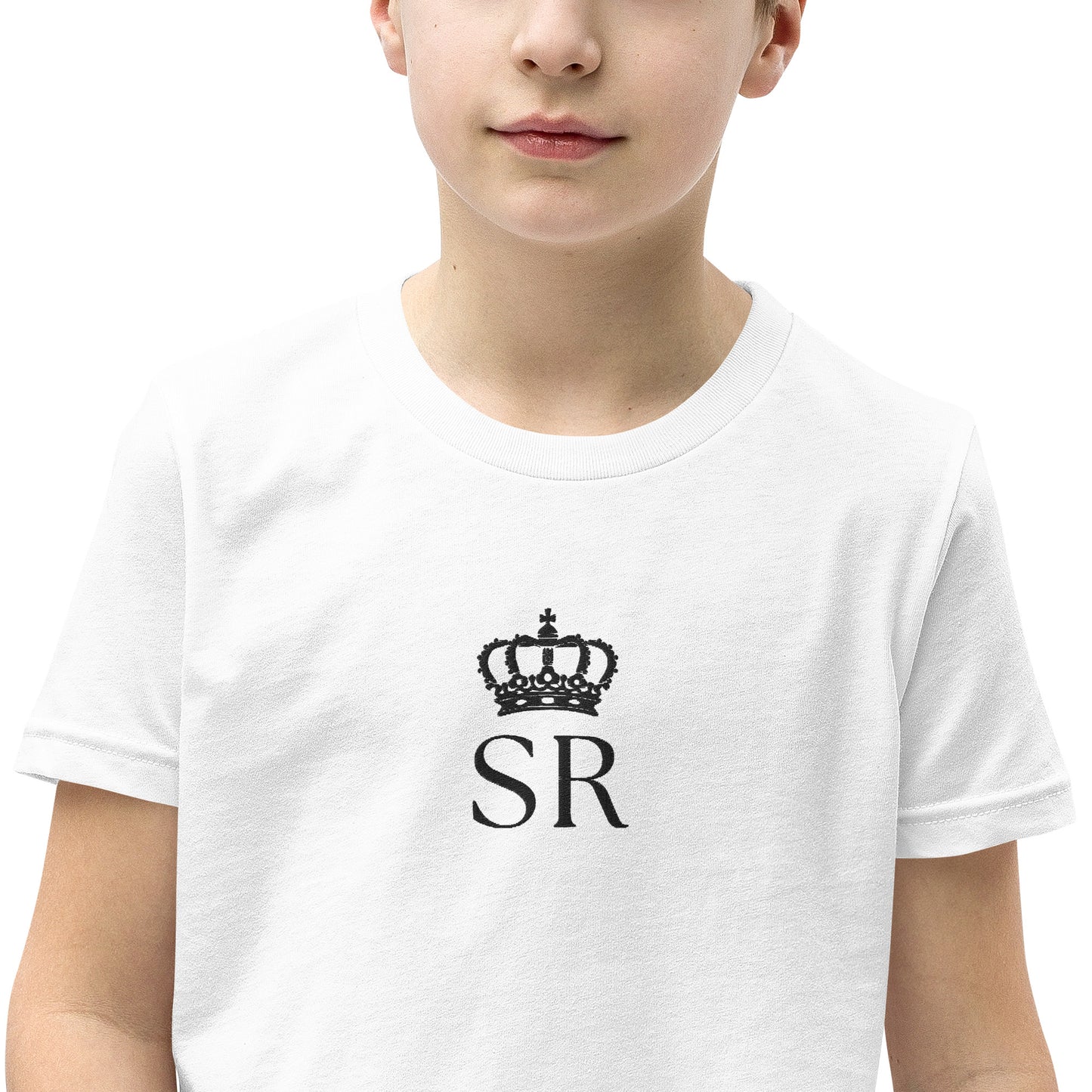 THSR Youth T-Shirt with Center-Chest Logo – White T-shirt Featuring Black THSR "SR" under a crown Design for Kids