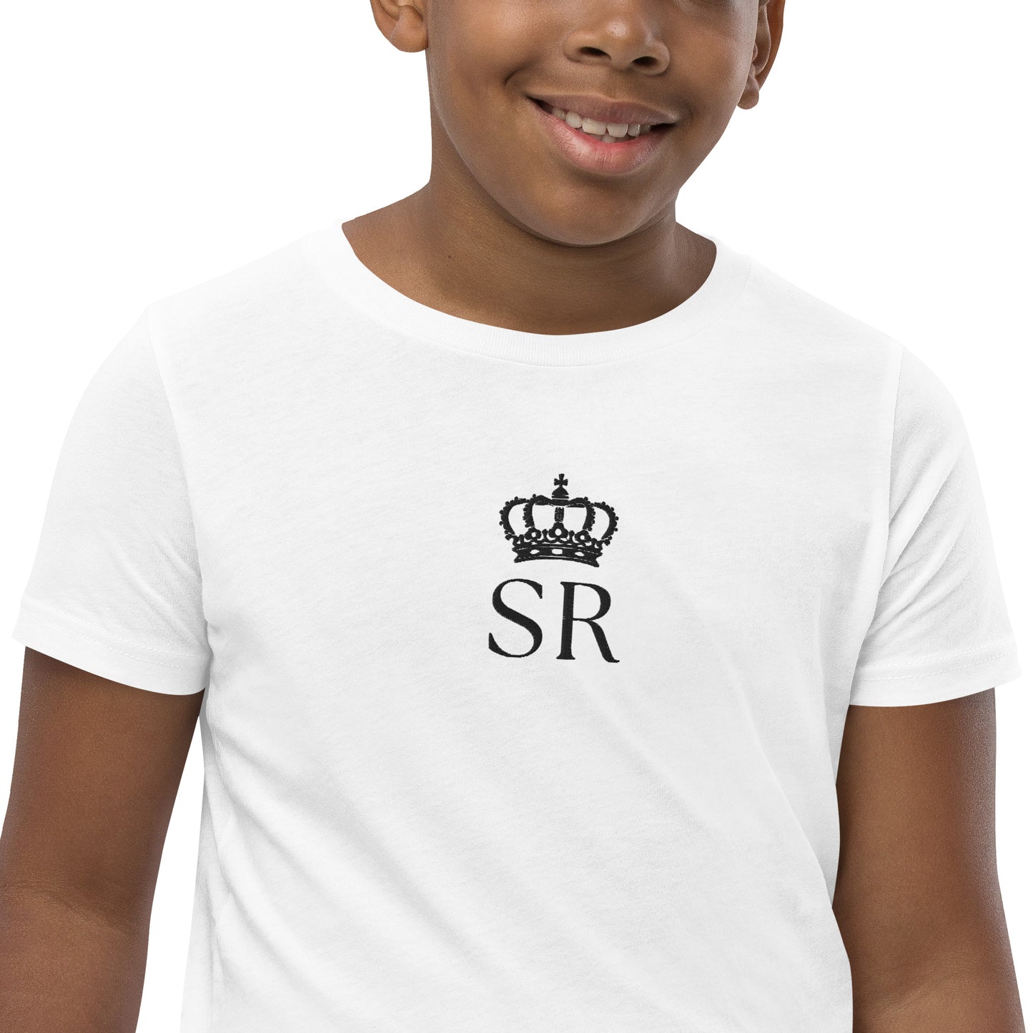 THSR Youth T-Shirt with Center-Chest Logo – White T-shirt Featuring Black THSR "SR" under a crown Design for Kids