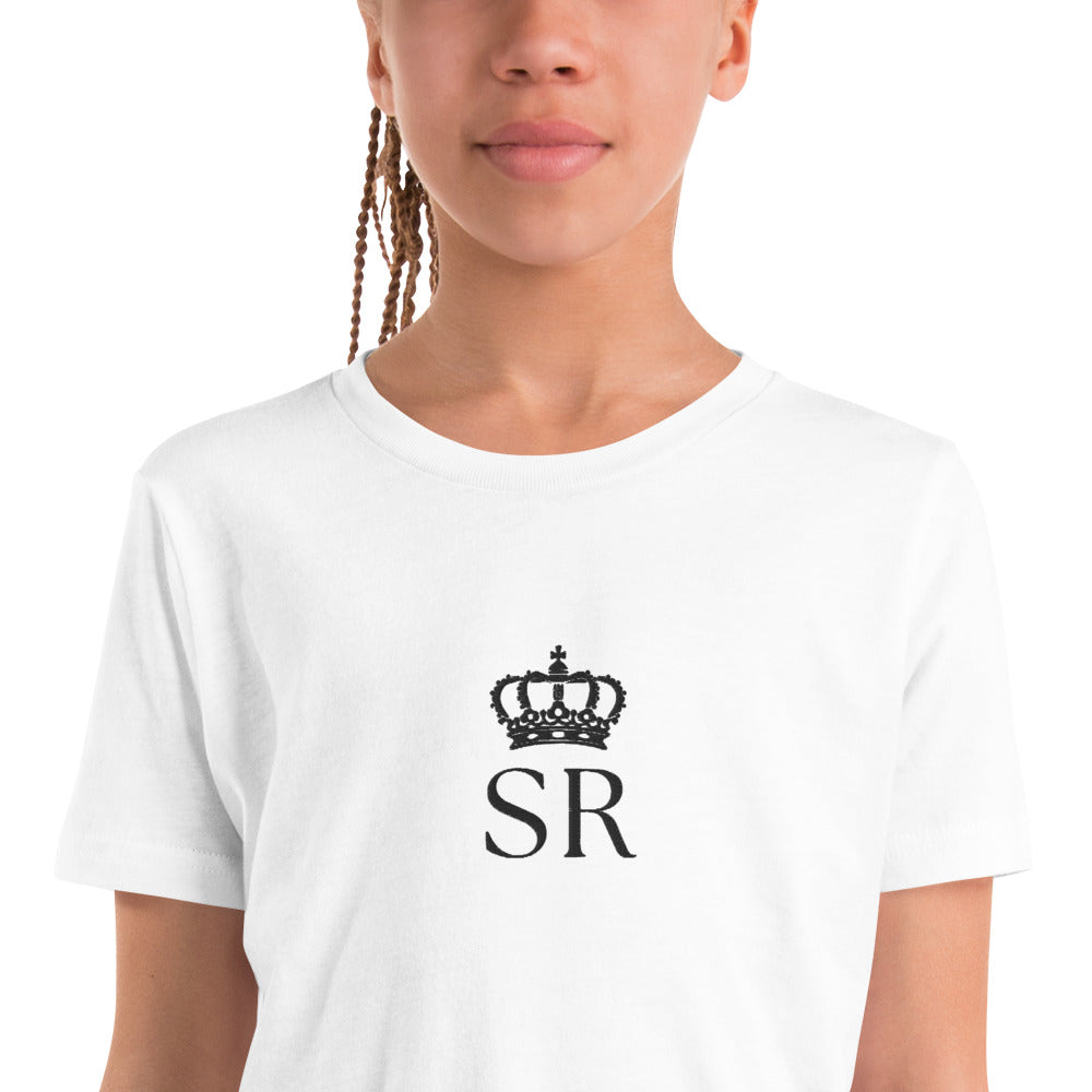 THSR Youth T-Shirt with Center-Chest Logo – White T-shirt Featuring Black THSR "SR" under a crown Design for Kids