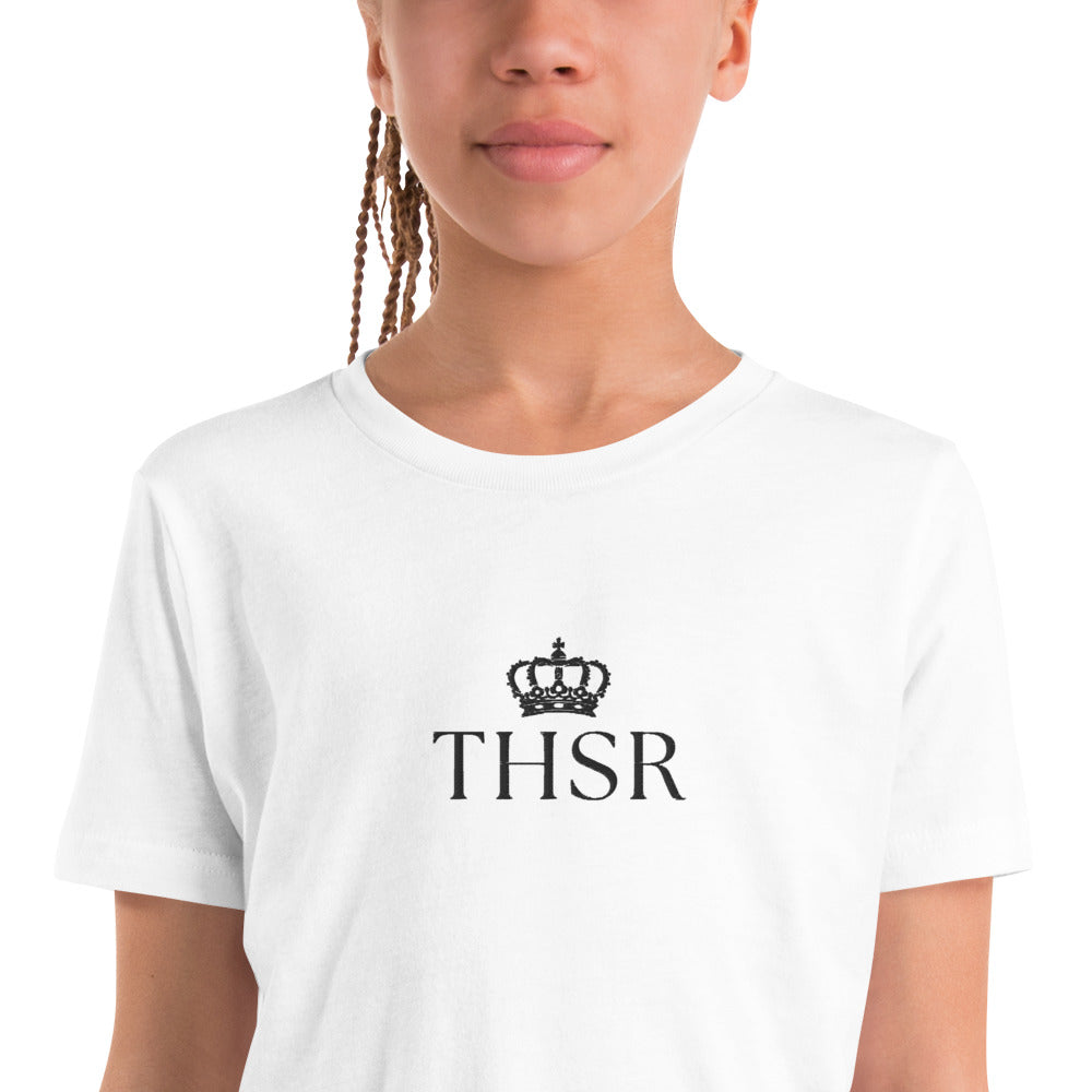 THSR Youth T-Shirt with Center-Chest Logo – White T-shirt Featuring Black "THSR" under a crown Design for Kids