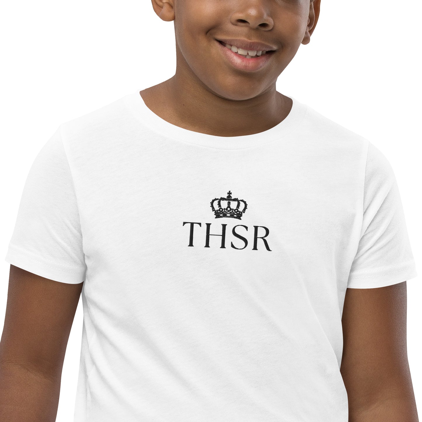 THSR Youth T-Shirt with Center-Chest Logo – White T-shirt Featuring Black "THSR" under a crown Design for Kids