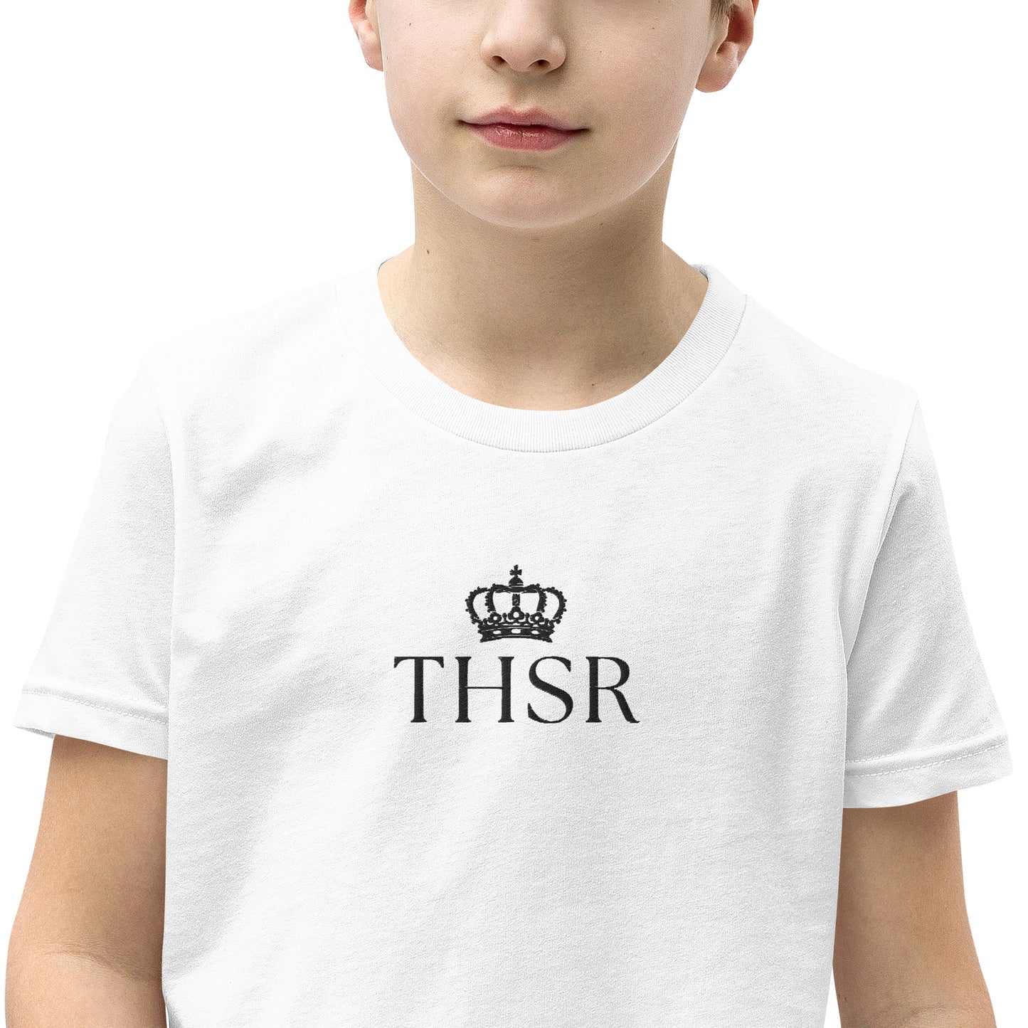 THSR Youth T-Shirt with Center-Chest Logo – White T-shirt Featuring Black "THSR" under a crown Design for Kids