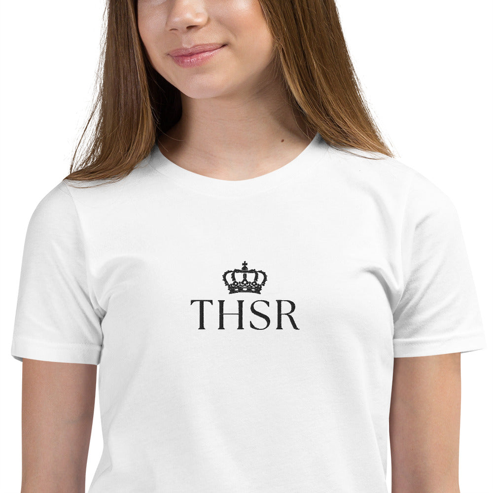 THSR Youth T-Shirt with Center-Chest Logo – White T-shirt Featuring Black "THSR" under a crown Design for Kids