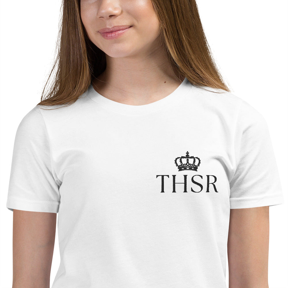 THSR Youth T-Shirt with Left-Chest Logo – White T-shirt Featuring Black "THSR" under a crown Design for Kids