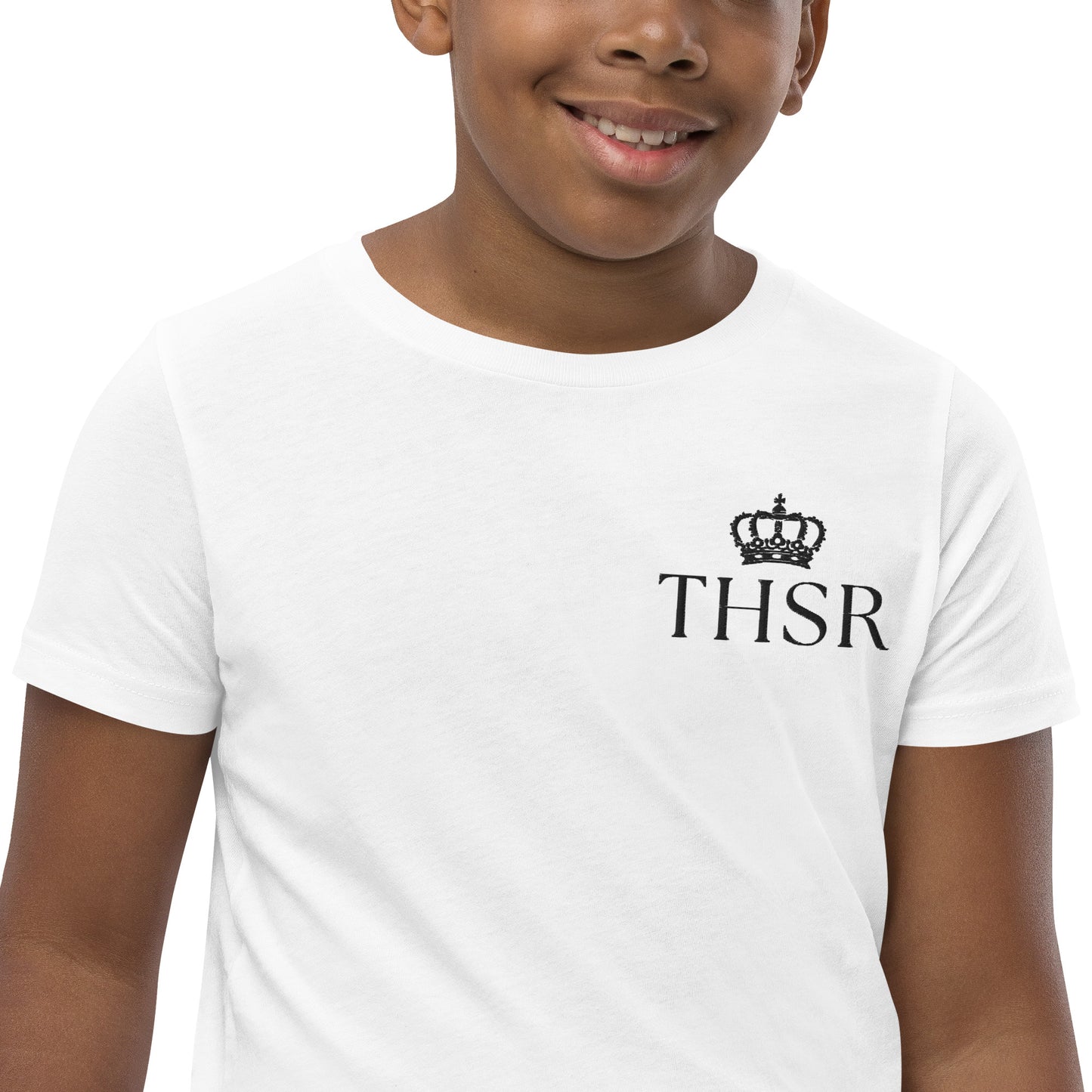 THSR Youth T-Shirt with Left-Chest Logo – White T-shirt Featuring Black "THSR" under a crown Design for Kids