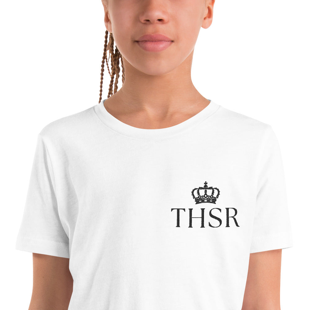 THSR Youth T-Shirt with Left-Chest Logo – White T-shirt Featuring Black "THSR" under a crown Design for Kids