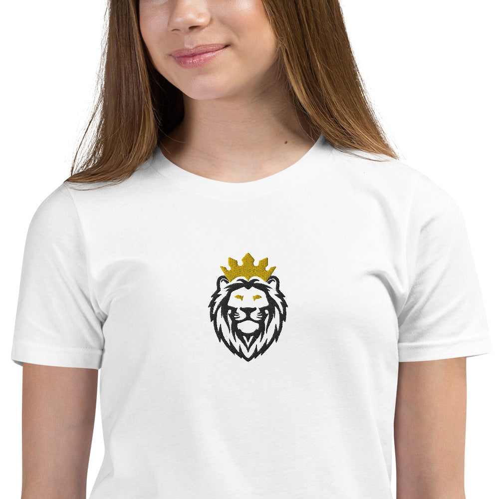 THSR Youth T-Shirt with Center-Chest Logo – White T-shirt Featuring Black & Gold THSR KING Lion wearing a crown Design for Kids