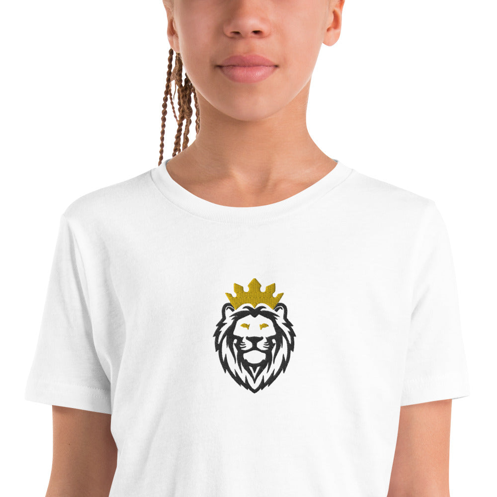 THSR Youth T-Shirt with Center-Chest Logo – White T-shirt Featuring Black & Gold THSR KING Lion wearing a crown Design for Kids