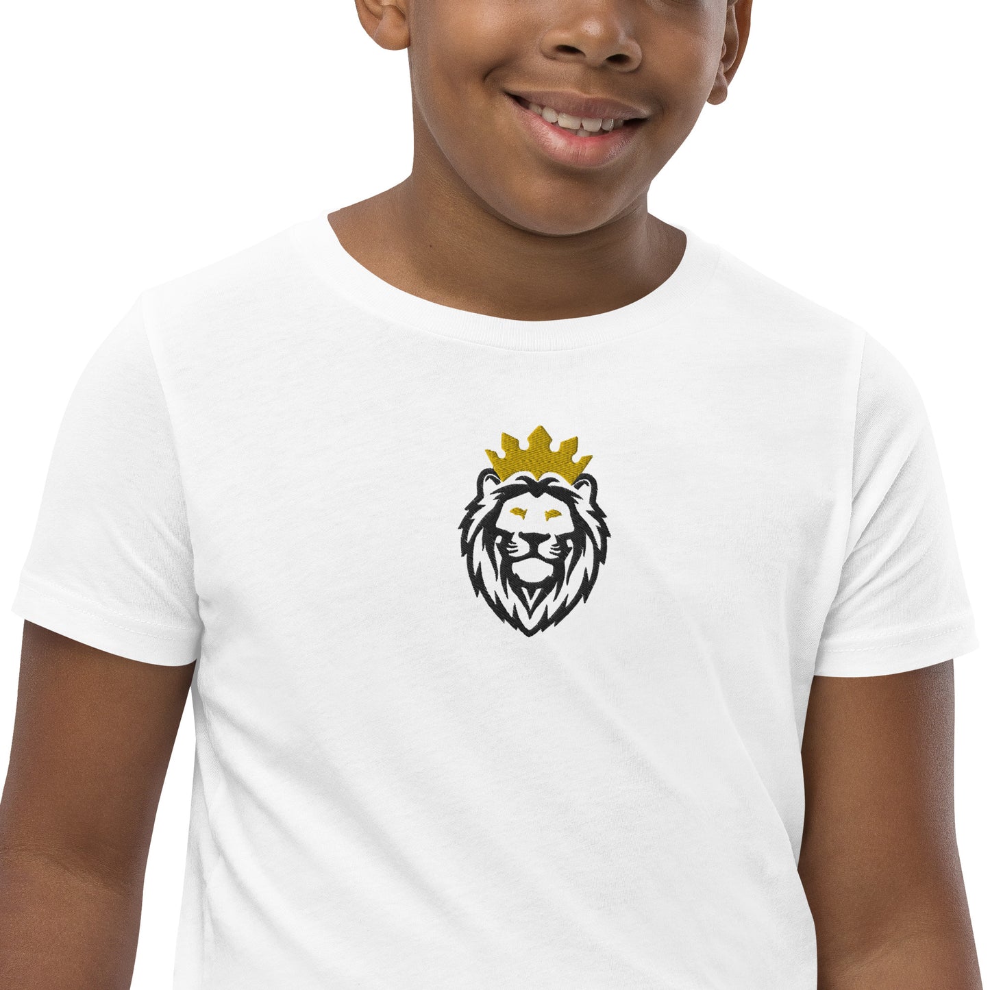 THSR Youth T-Shirt with Center-Chest Logo – White T-shirt Featuring Black & Gold THSR KING Lion wearing a crown Design for Kids