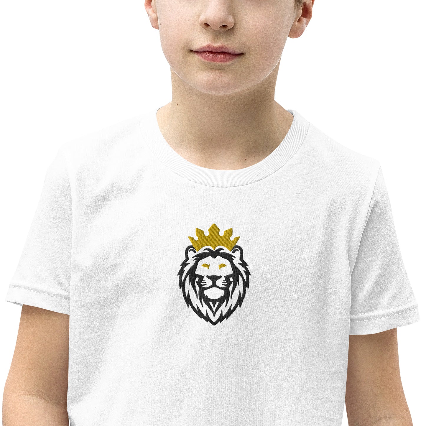 THSR Youth T-Shirt with Center-Chest Logo – White T-shirt Featuring Black & Gold THSR KING Lion wearing a crown Design for Kids