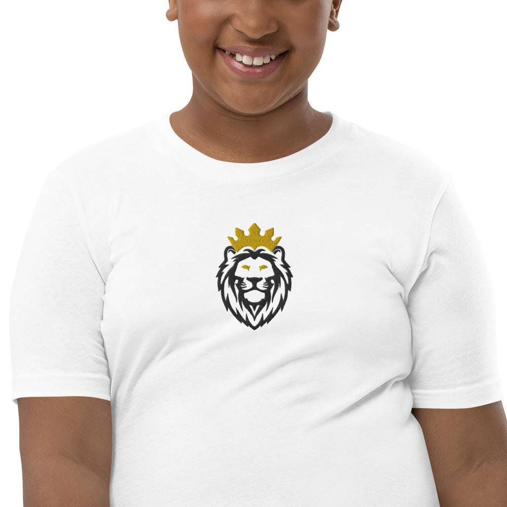 THSR Youth T-Shirt with Center-Chest Logo – White T-shirt Featuring Black & Gold THSR KING Lion wearing a crown Design for Kids