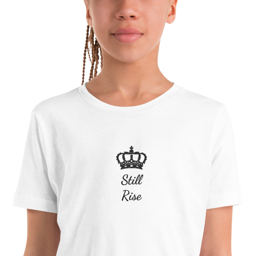 THSR Youth T-Shirt with Center-Chest Logo – White T-shirt Featuring Black "Still Rise" under a crown Design for Kids