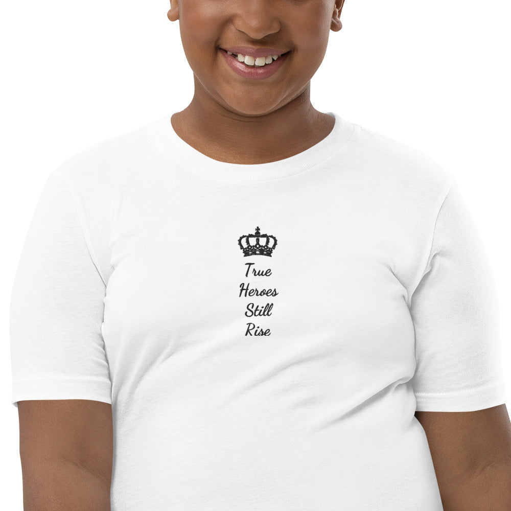 THSR Youth T-Shirt with Center-Chest Logo – White T-shirt Featuring Black "True Heroes Still Rise" under a crown Design for Kids