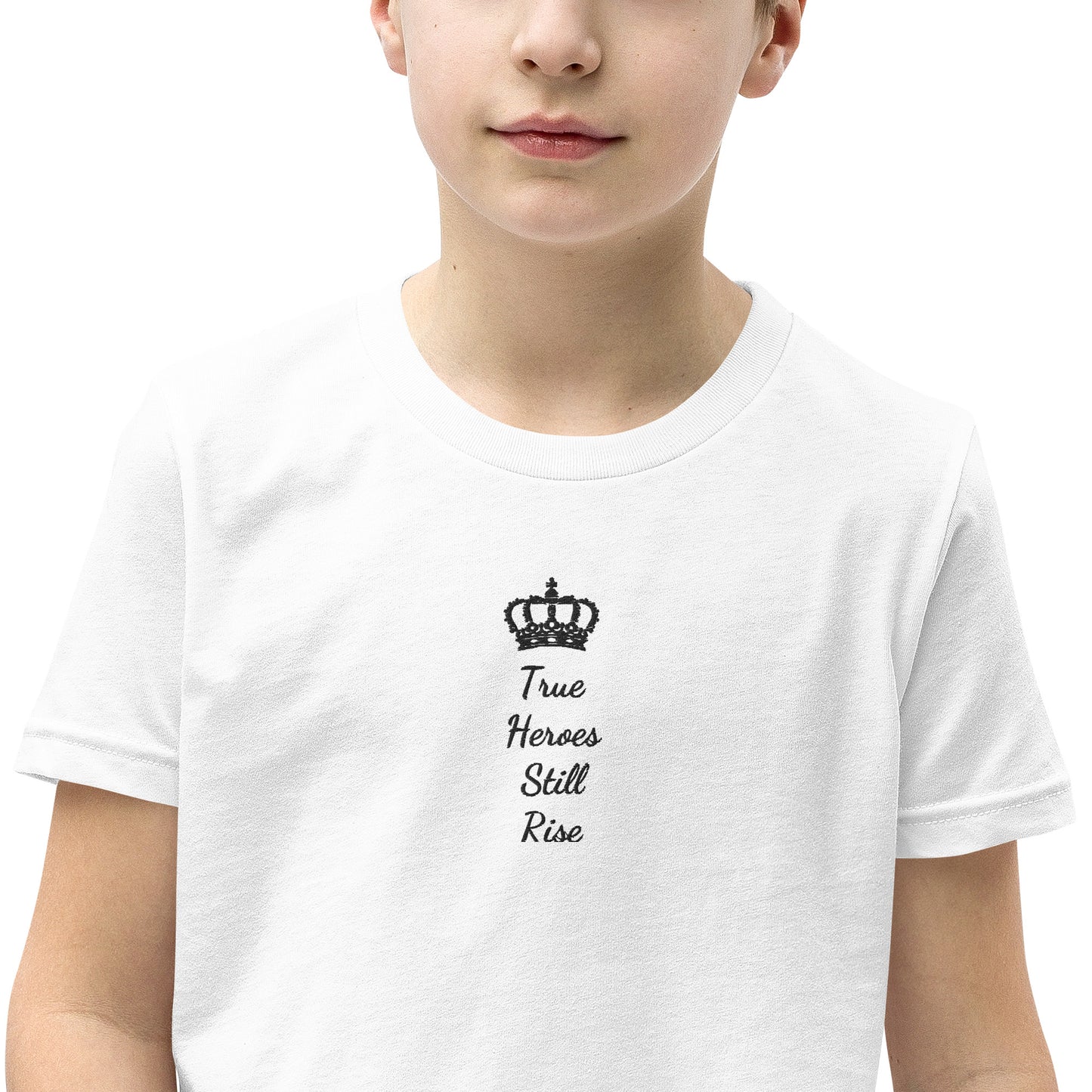 THSR Youth T-Shirt with Center-Chest Logo – White T-shirt Featuring Black "True Heroes Still Rise" under a crown Design for Kids