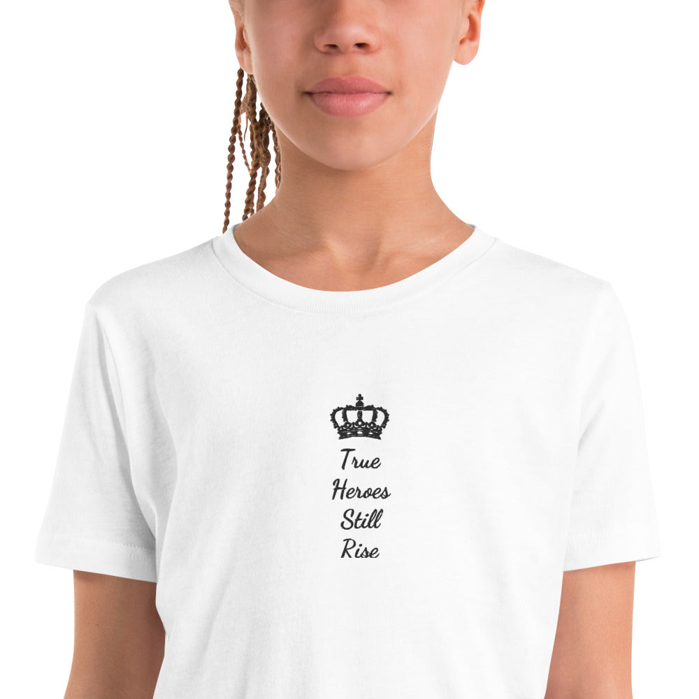 THSR Youth T-Shirt with Center-Chest Logo – White T-shirt Featuring Black "True Heroes Still Rise" under a crown Design for Kids