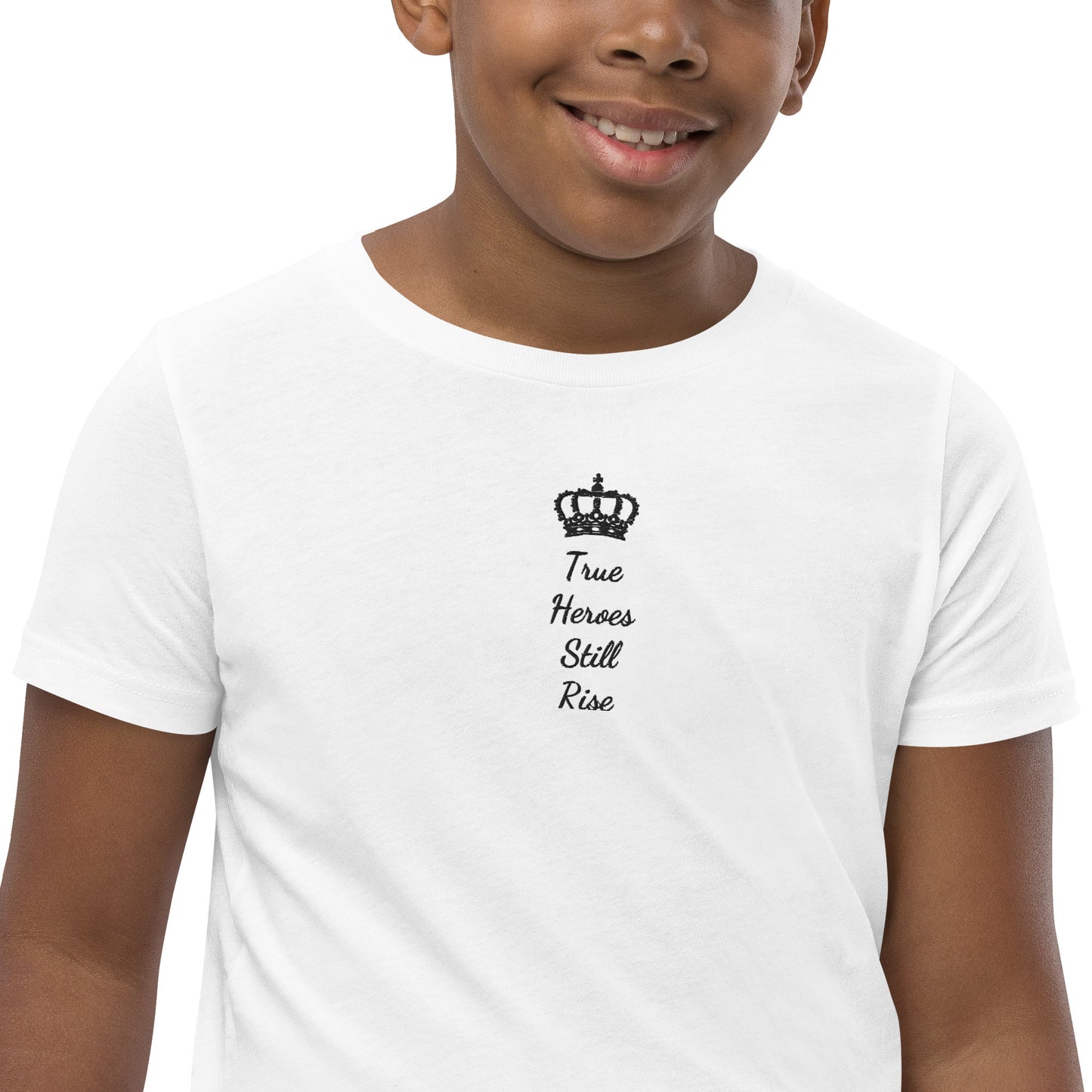 THSR Youth T-Shirt with Center-Chest Logo – White T-shirt Featuring Black "True Heroes Still Rise" under a crown Design for Kids