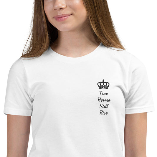 THSR Youth T-Shirt with Left-Chest Logo – White T-shirt Featuring Black "True Heroes Still Rise" under a crown Design for Kids