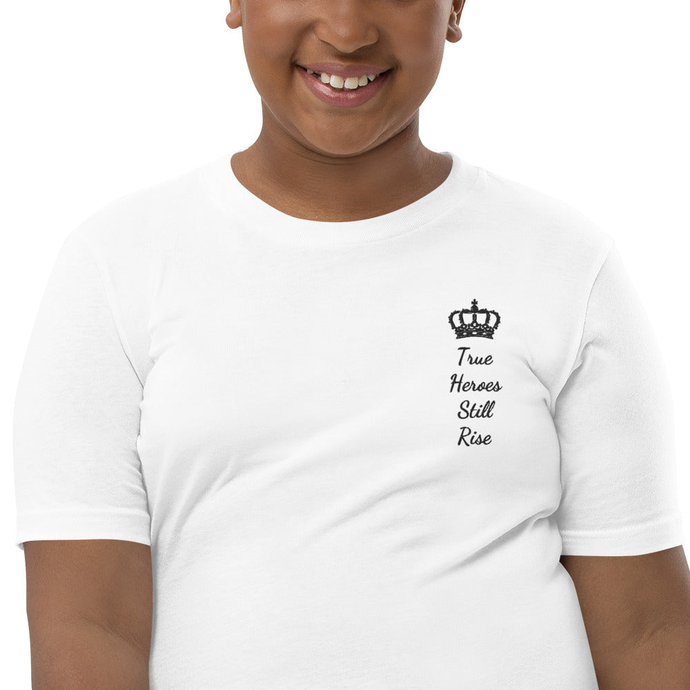 THSR Youth T-Shirt with Left-Chest Logo – White T-shirt Featuring Black "True Heroes Still Rise" under a crown Design for Kids