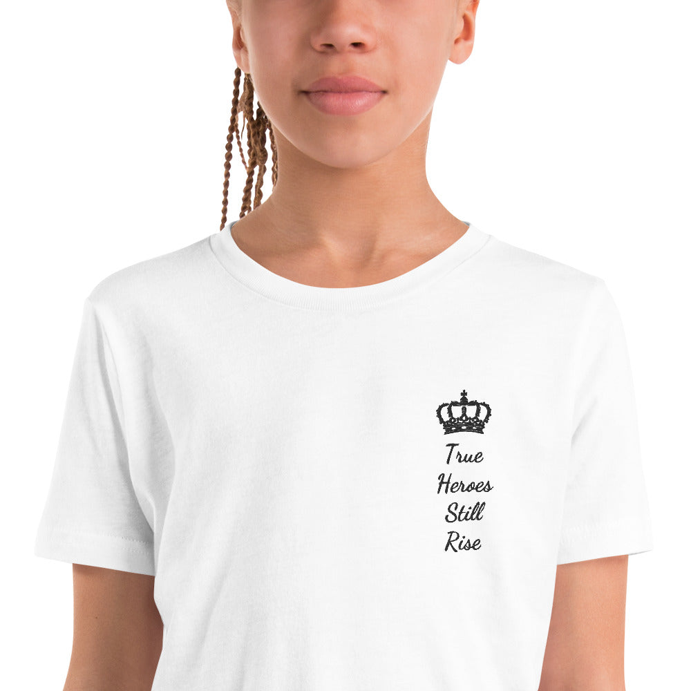 THSR Youth T-Shirt with Left-Chest Logo – White T-shirt Featuring Black "True Heroes Still Rise" under a crown Design for Kids