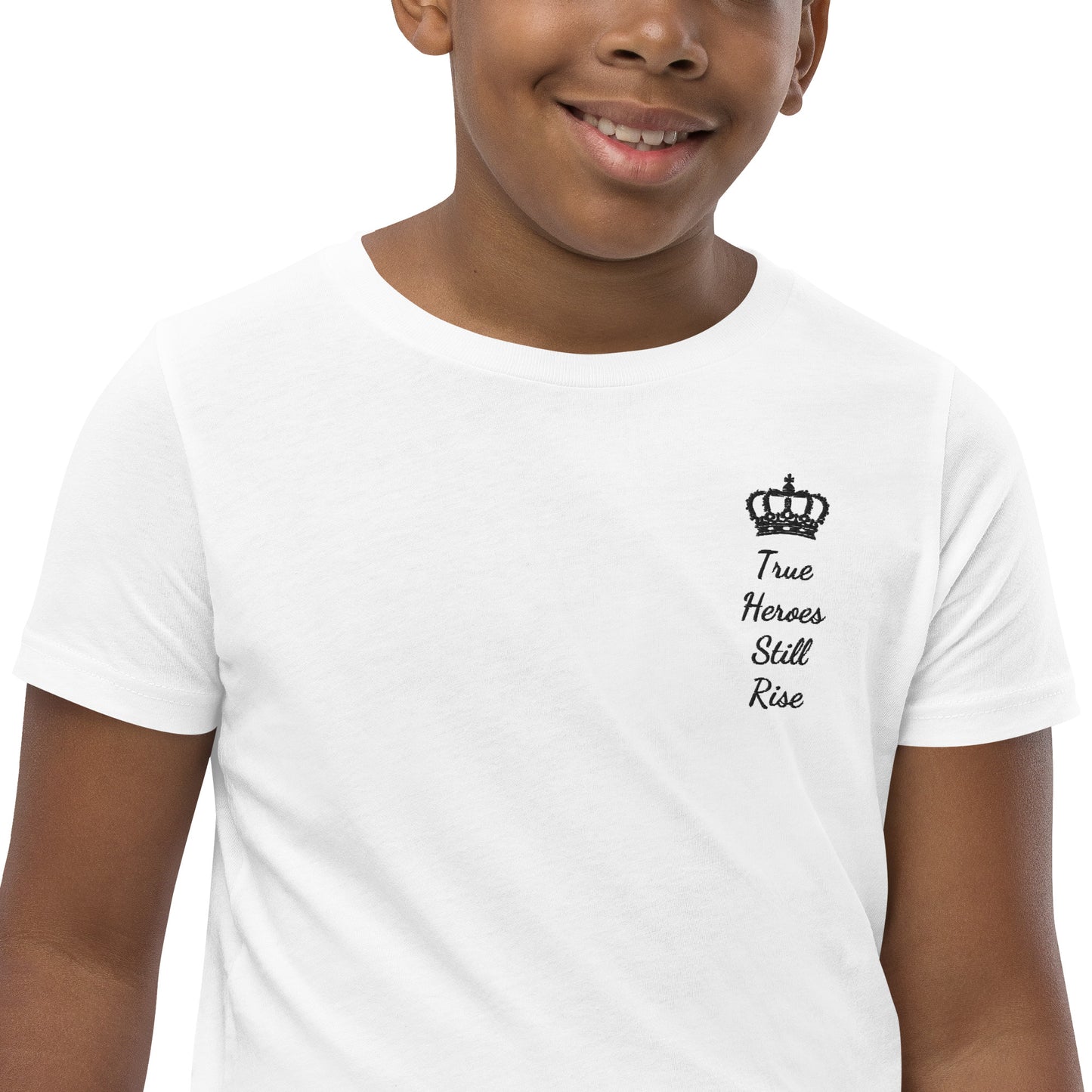 THSR Youth T-Shirt with Left-Chest Logo – White T-shirt Featuring Black "True Heroes Still Rise" under a crown Design for Kids