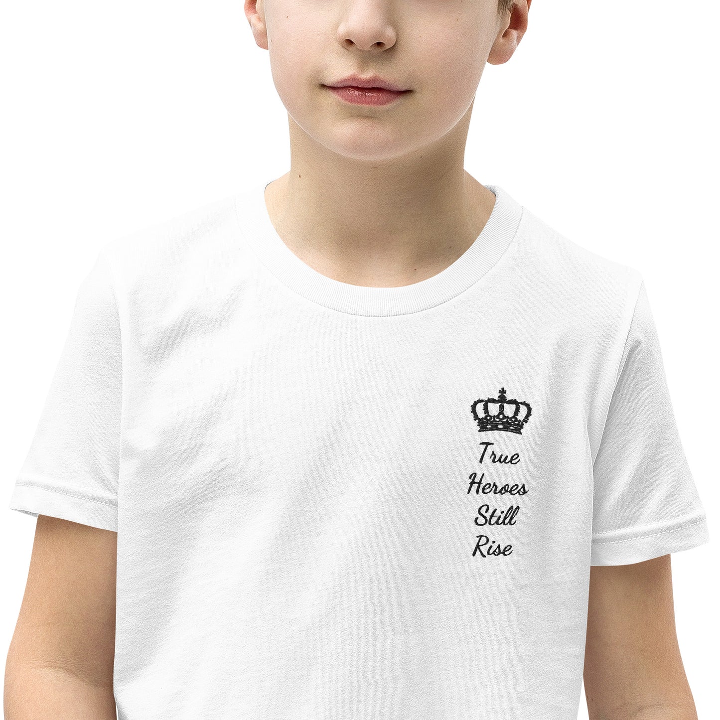 THSR Youth T-Shirt with Left-Chest Logo – White T-shirt Featuring Black "True Heroes Still Rise" under a crown Design for Kids