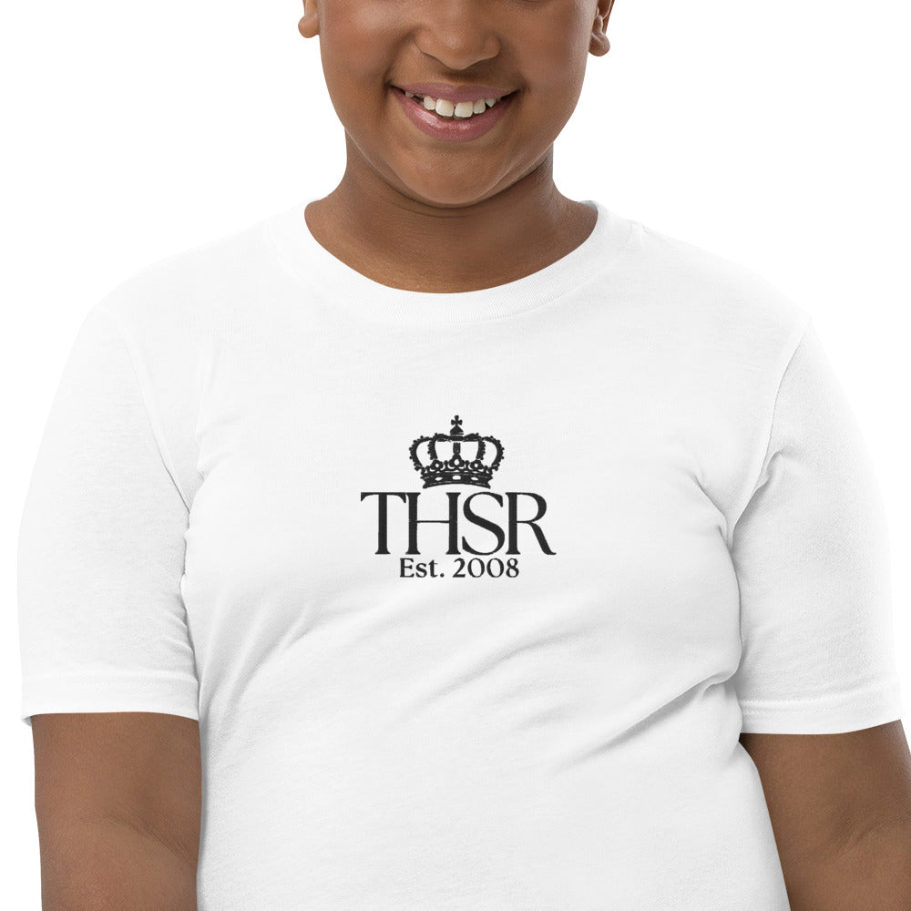 THSR Youth T-Shirt with Center-Chest Logo – White T-shirt Featuring Black "THSR Est. 2008" under a crown Design for Kids