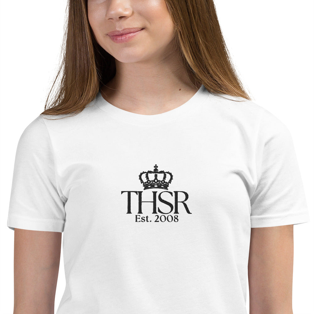 THSR Youth T-Shirt with Center-Chest Logo – White T-shirt Featuring Black "THSR Est. 2008" under a crown Design for Kids