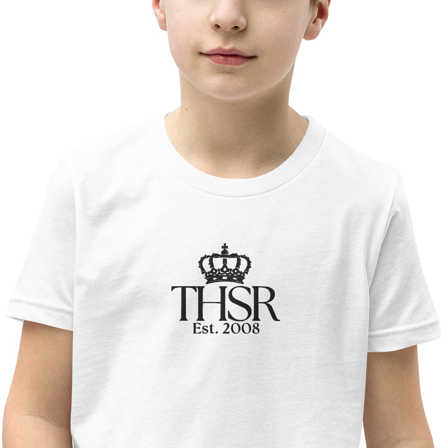 THSR Youth T-Shirt with Center-Chest Logo – White T-shirt Featuring Black "THSR Est. 2008" under a crown Design for Kids