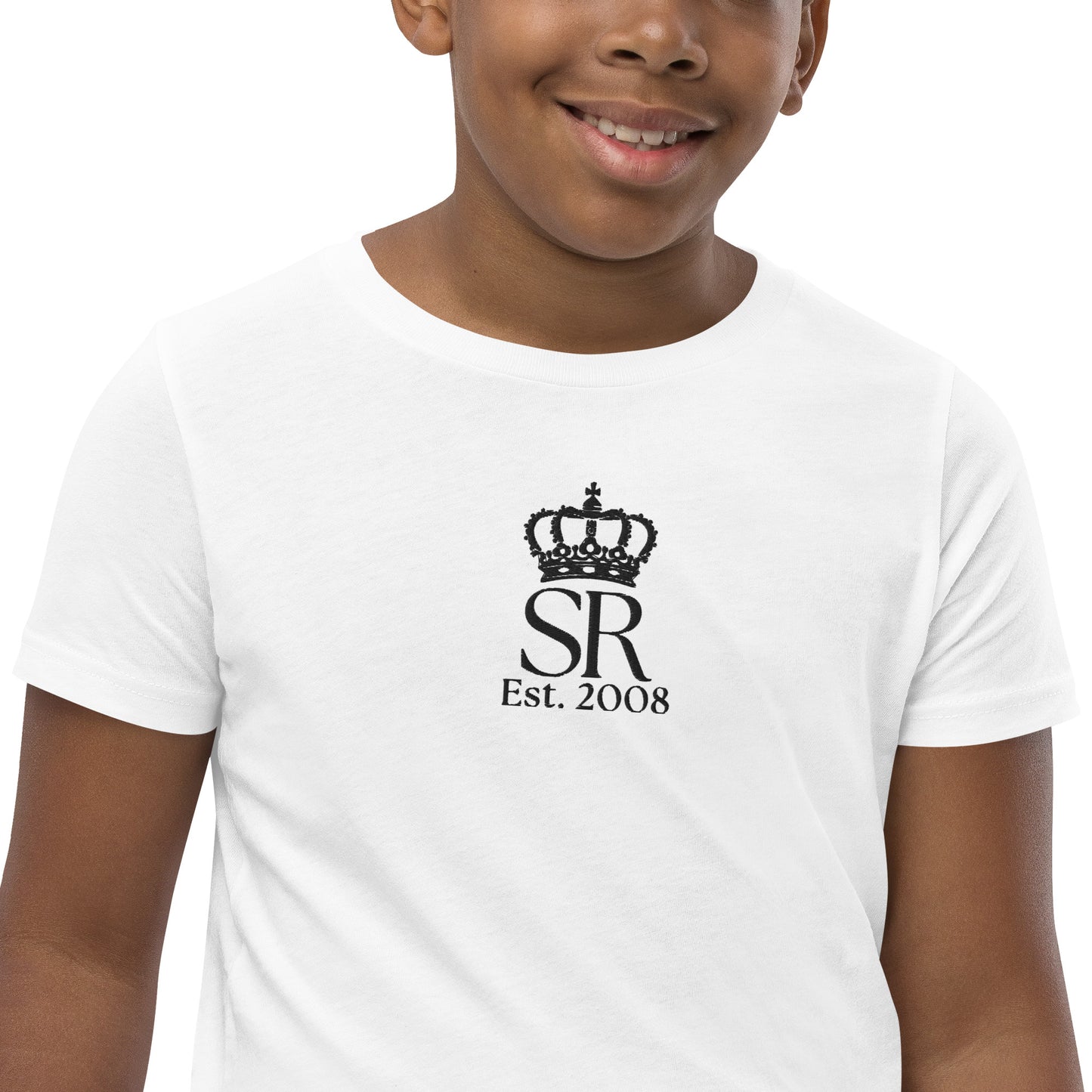 THSR Youth T-Shirt with Center-Chest Logo – White T-shirt Featuring Black "SR Est. 2008" under a crown Design for Kids