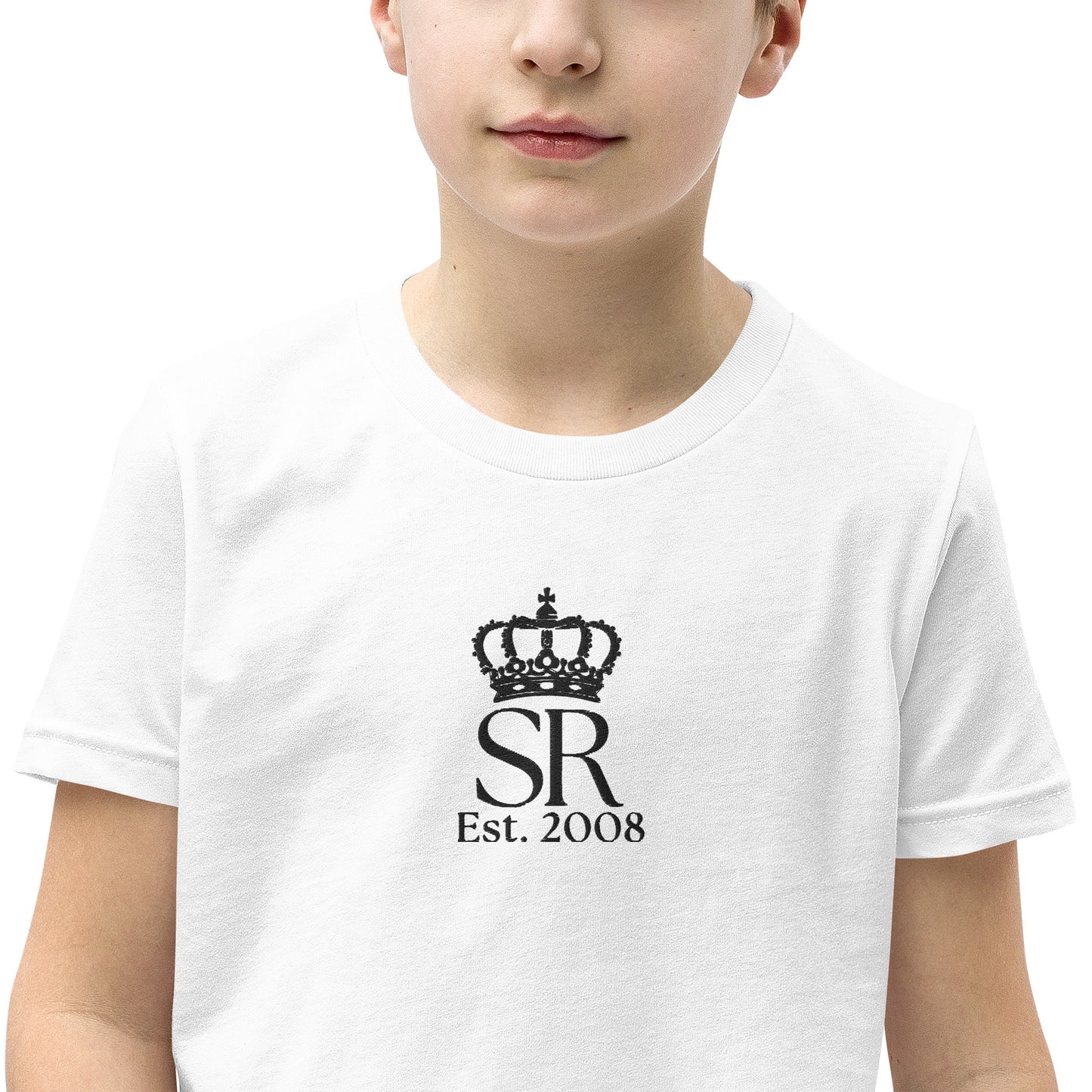 THSR Youth T-Shirt with Center-Chest Logo – White T-shirt Featuring Black "SR Est. 2008" under a crown Design for Kids