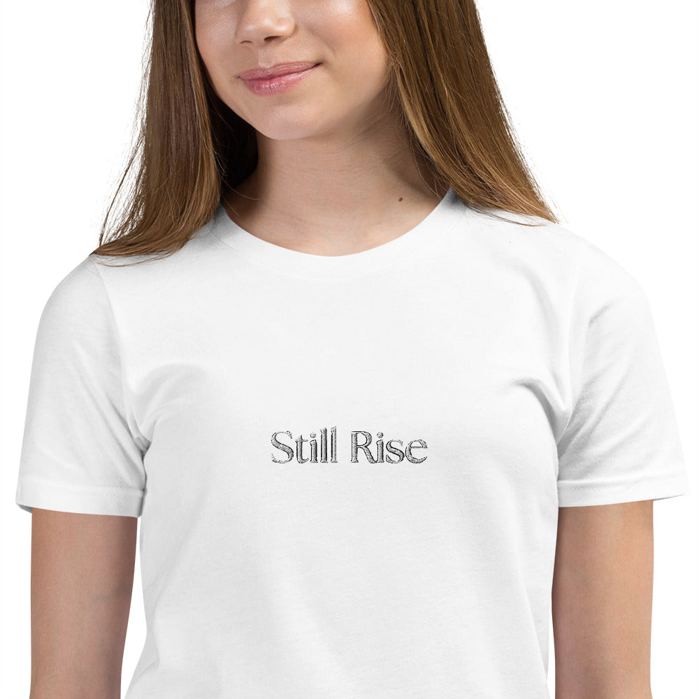 THSR Youth T-Shirt with Center-Chest Logo – White T-shirt Featuring Bold Black "Still Rise" Design for Kids