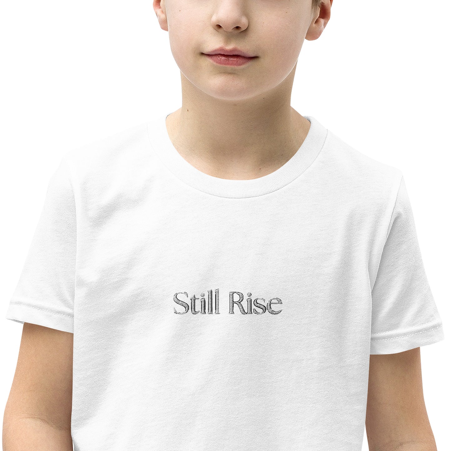 THSR Youth T-Shirt with Center-Chest Logo – White T-shirt Featuring Bold Black "Still Rise" Design for Kids